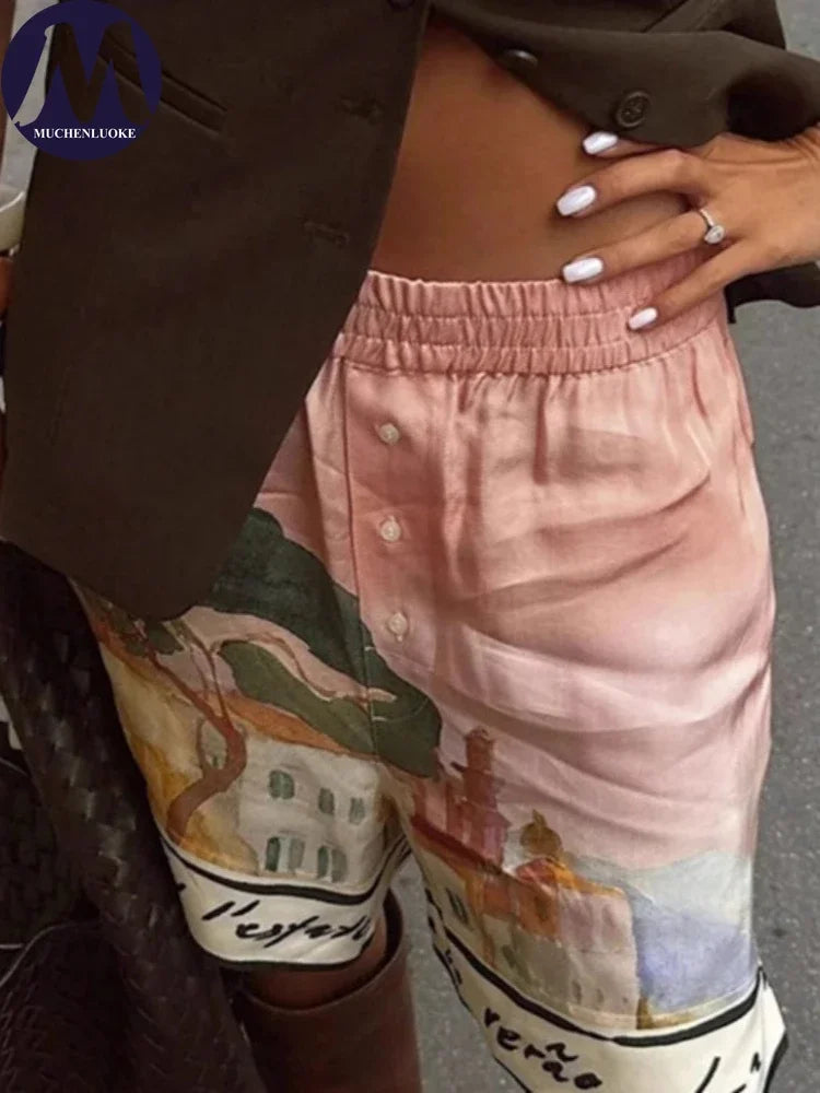 Conjunto Feminino de Verão 2 Peças: Blusa Elegante Estampada de Manga Longa com Shorts de Praia Soltos e Modernos