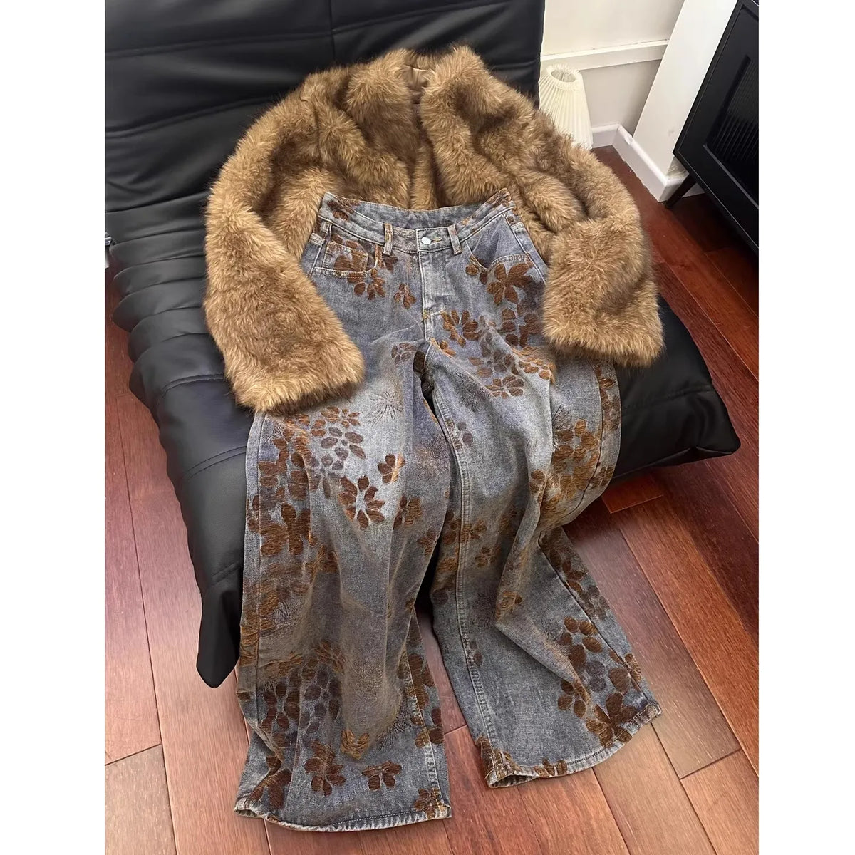 Calças Jeans Femininas Largas com Estampa Floral Retro Americana, Tamanho Plus, Calças de Denim para Outono e Inverno, Comprimento até o Chão
