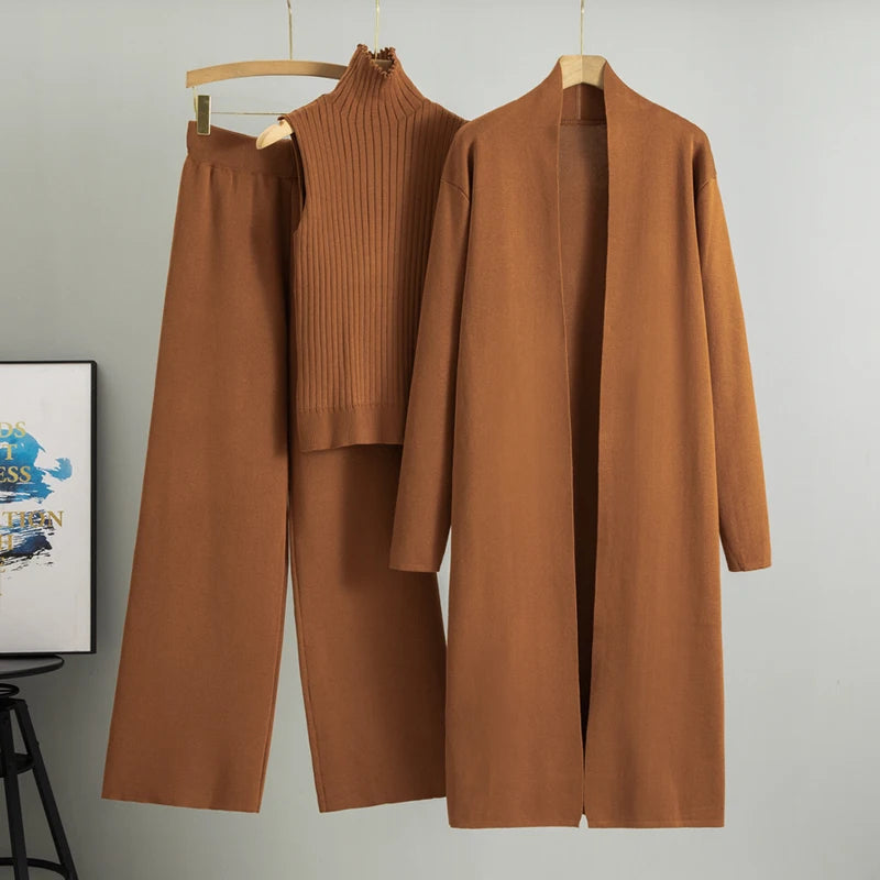 Conjunto Feminino Elegante de Tricô 3 Peças para Inverno e Outono 2026: Cardigã, Suéter e Calça Pantalona