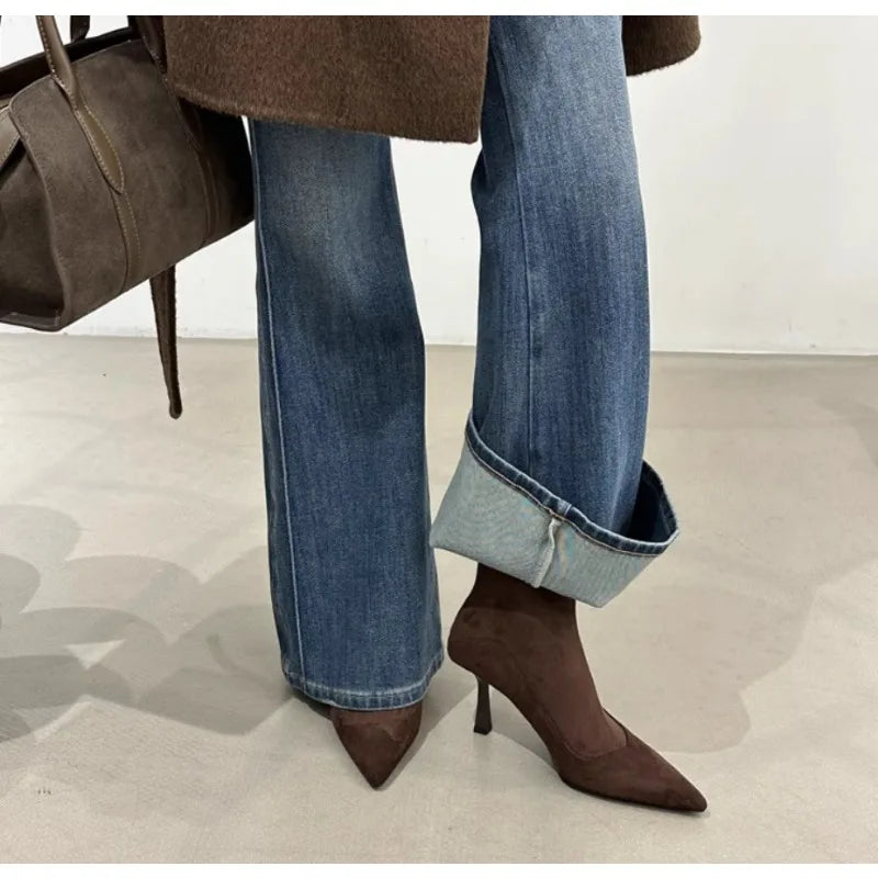 Botas Femininas Retrô de Camurça com Salto Fino e Bico Fino, Estilo Francês, para Escritório, Outono Inverno