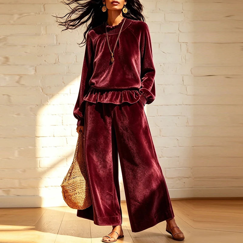 Conjunto de Duas Peças Feminino de Moda para Outono Inverno: Camisa de Veludo de Manga Longa com Gola de Babados e Calças de Cintura Alta com Bolsos e Pernas Largas