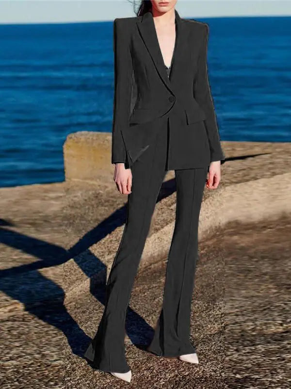 Alta qualidade nova moda 2024 designer blazer terno conjunto feminino único botão vermelho blazer calças flare terno
