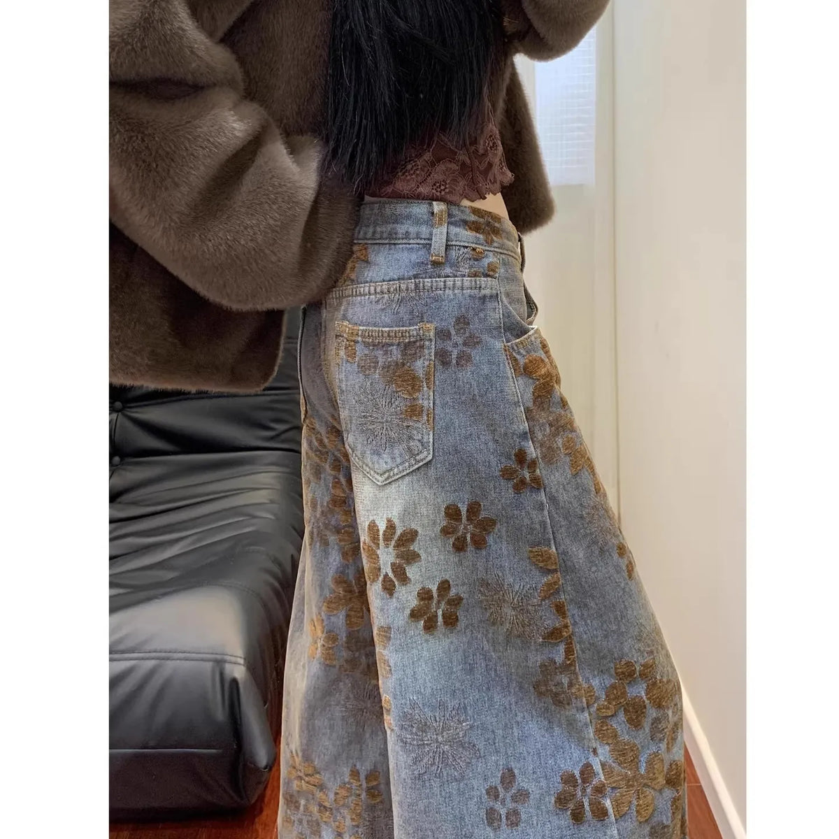 Calças Jeans Femininas Largas com Estampa Floral Retro Americana, Tamanho Plus, Calças de Denim para Outono e Inverno, Comprimento até o Chão