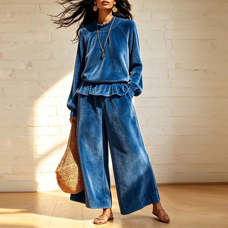 Conjunto de Duas Peças Feminino de Moda para Outono Inverno: Camisa de Veludo de Manga Longa com Gola de Babados e Calças de Cintura Alta com Bolsos e Pernas Largas