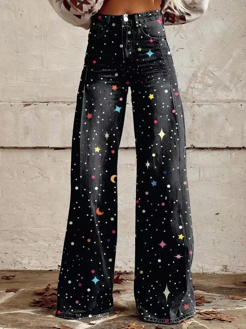 Calça jeans feminina estampada 3D, calça larga de poliéster com aparência vintage desgastada, cintura alta, ajuste confortável para moda urbana