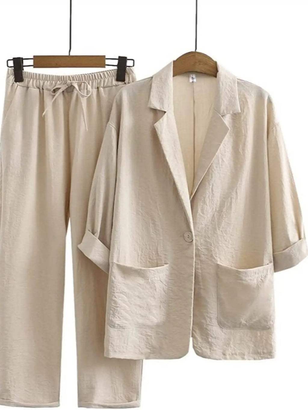 NOVO CONJUNTO FEMININO DE OUTONO CASUAL PARA O DIA A DIA EM ALGODÃO E LINHO, COM BLAZER E CALÇA, DESIGN ELEGANTE COM GOLA DE BLAZER
