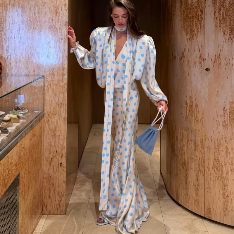 Conjunto de Saia e Vestido Maxi Feminino Elegante de Cetim com Poás, Decote em V com Laço, Manga Comprida e Cintura Marcada, para Festa Noturna 2026