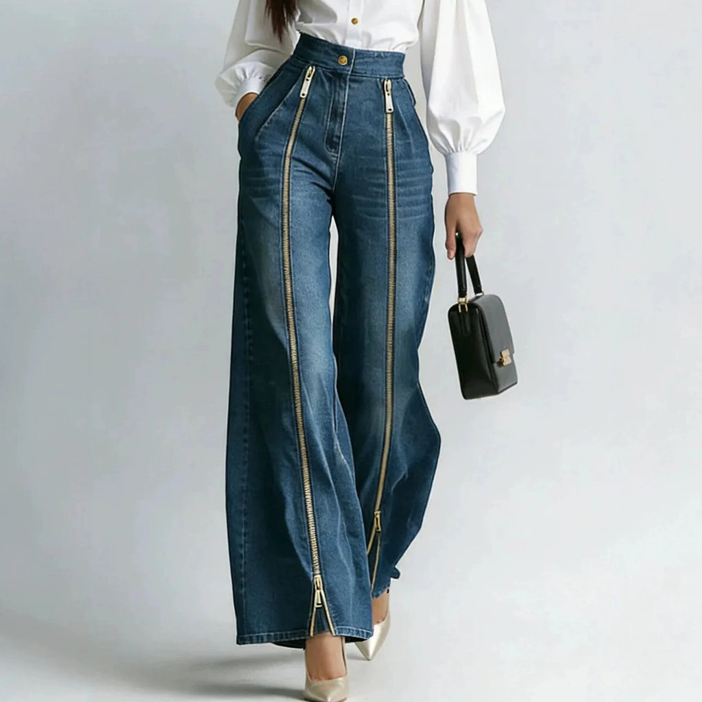 Calças Jeans Femininas de Cintura Alta Estilo INS com Zíper Dourado, Perna Larga, Corte Reto, Modernas, Casuais, Soltas e com Bolsos Inclinados