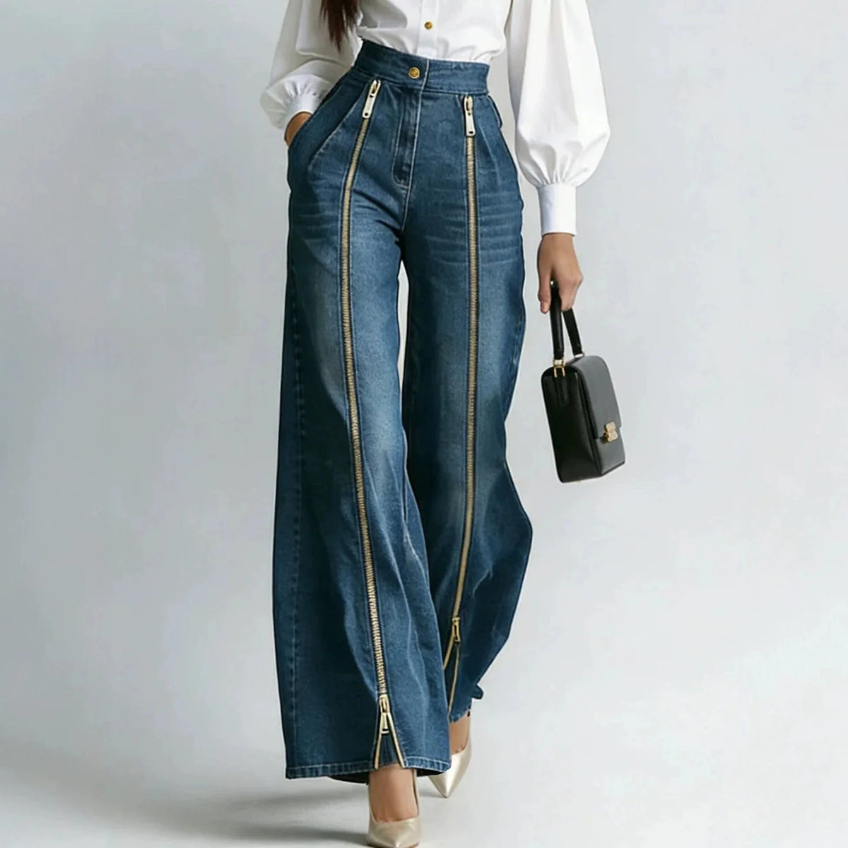 Calças Jeans Femininas de Cintura Alta Estilo INS com Zíper Dourado, Perna Larga, Corte Reto, Modernas, Casuais, Soltas e com Bolsos Inclinados
