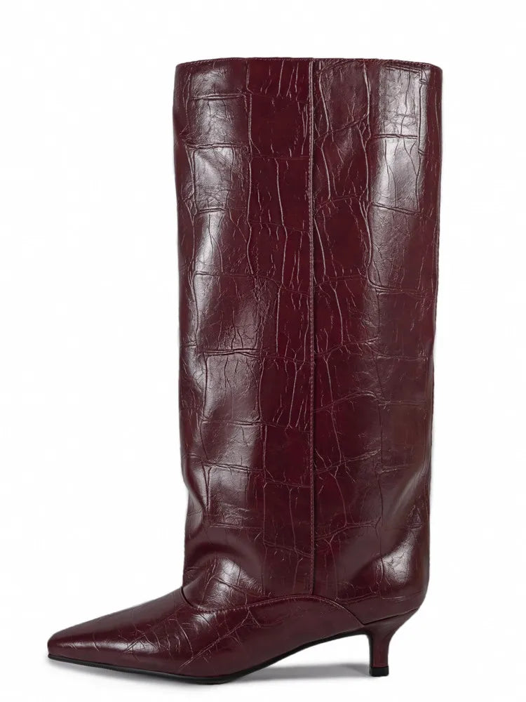 Botas Femininas de Cano Médio com Salto Baixo Pontudo 2026, Botas de Cano Alto da Moda com Salto Fino, Tamanhos Grandes 35-45