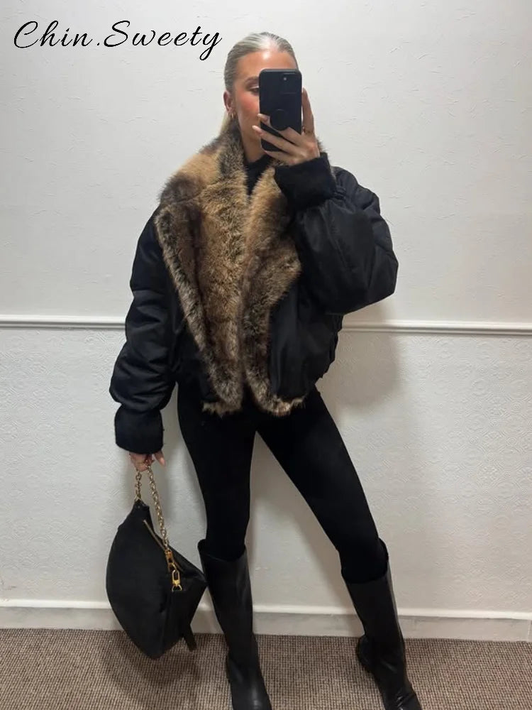 Quente pele do falso emendado casacos de algodão feminino solto lapela manga longa bolsos engrossar jaqueta feminina 2025 inverno senhora chique outwear novo