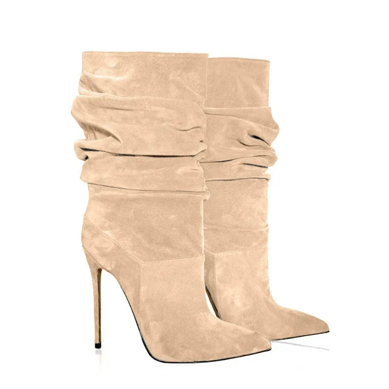 2025 moda dedo do pé apontado plissado salto stiletto joelho botas altas elásticas plus size botas de vestido feminino para escritório & festa à noite