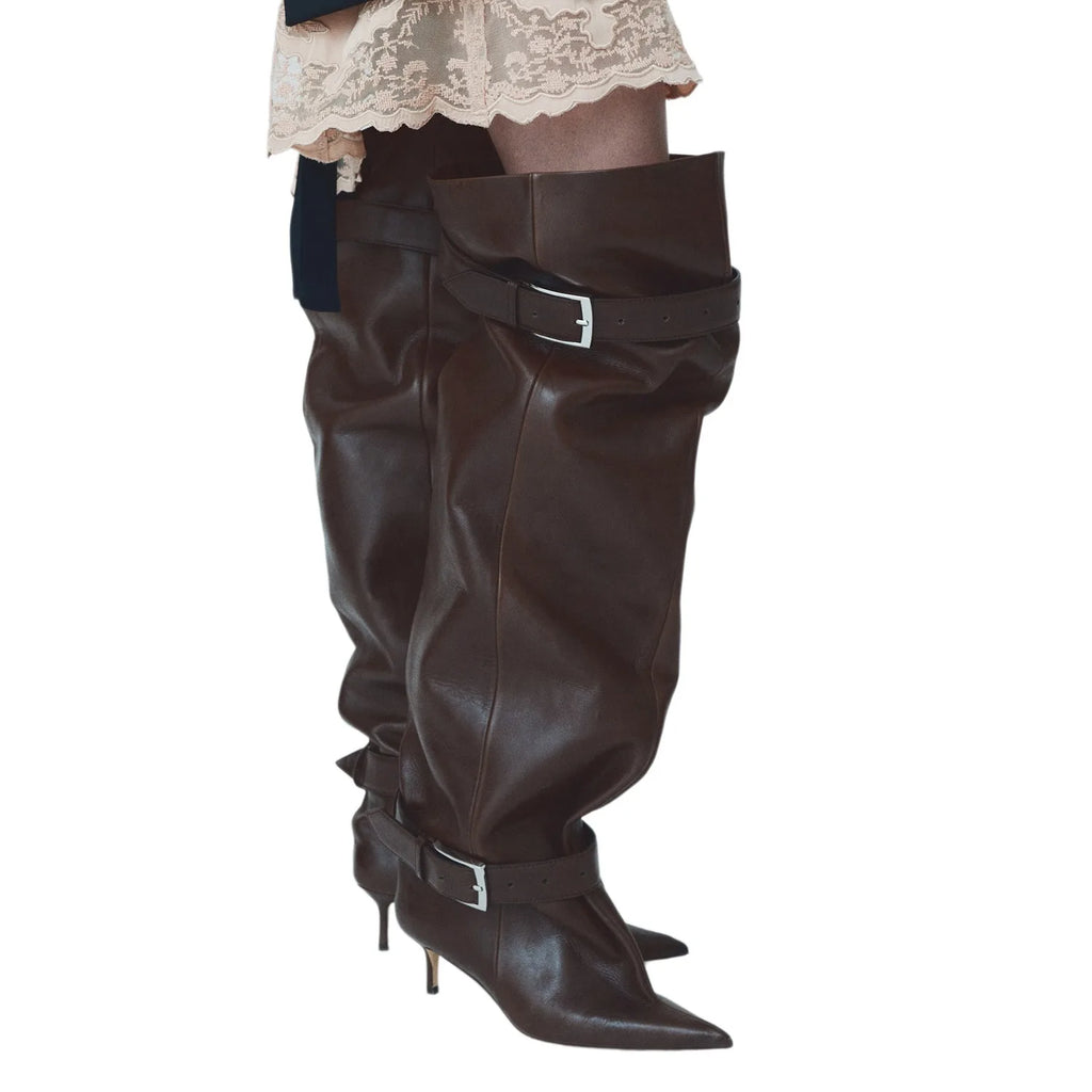 Novas Botas Femininas Acima do Joelho com Salto Fino Pontiagudo, Fivela de Cinto e Cano Largo para Desfile de Moda, Tamanhos 35-46, Botas Femininas Acima da Coxa