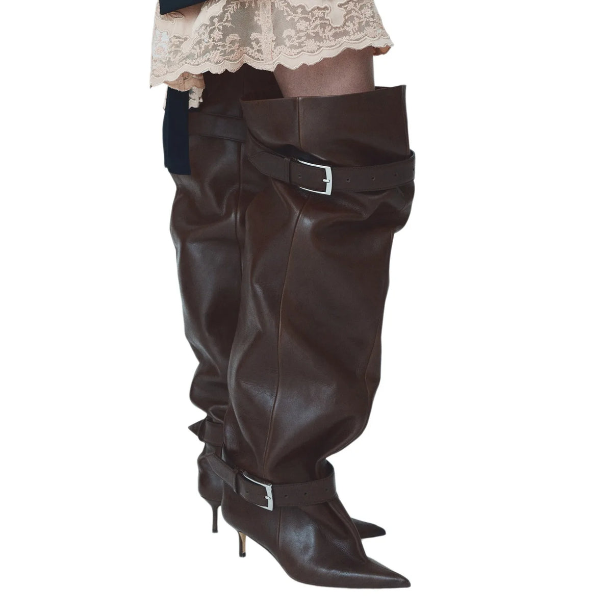 Novas Botas Femininas Acima do Joelho com Salto Fino Pontiagudo, Fivela de Cinto e Cano Largo para Desfile de Moda, Tamanhos 35-46, Botas Femininas Acima da Coxa
