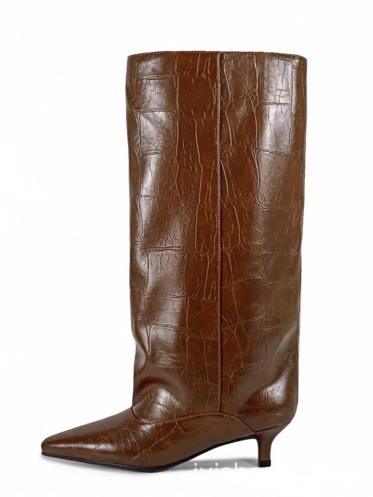 Botas Femininas de Cano Médio com Salto Baixo Pontudo 2026, Botas de Cano Alto da Moda com Salto Fino, Tamanhos Grandes 35-45