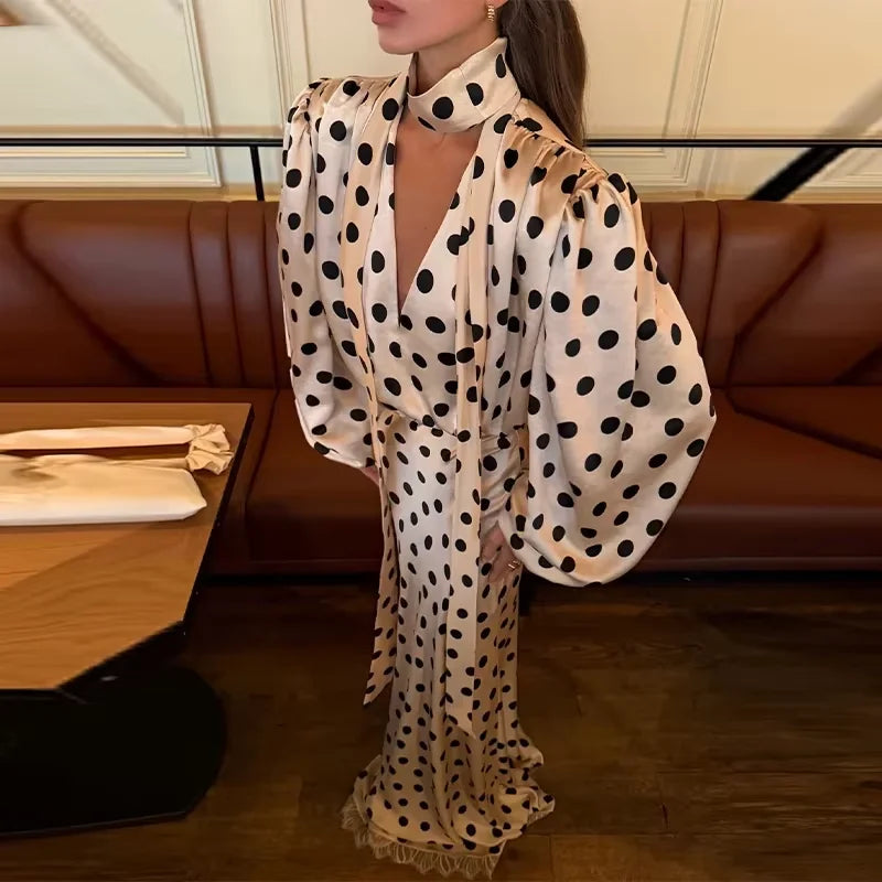Conjunto de Saia e Vestido Maxi Feminino Elegante de Cetim com Poás, Decote em V com Laço, Manga Comprida e Cintura Marcada, para Festa Noturna 2026