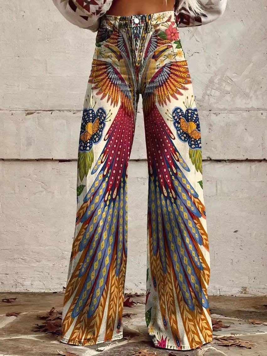 Calça jeans feminina estampada 3D, calça larga de poliéster com aparência vintage desgastada, cintura alta, ajuste confortável para moda urbana