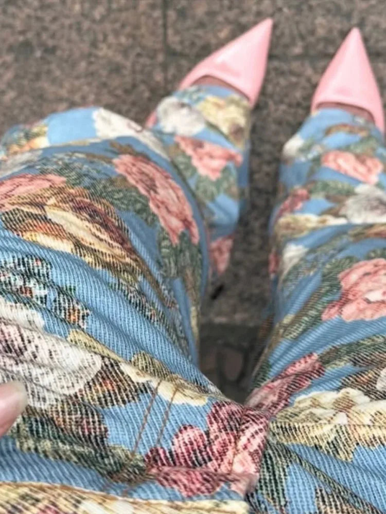 Calça Jeans Feminina Vintage 2026 com Estampa Floral, Cintura Alta, Perna Larga Solta, Reta, Estilo Retrô com Efeito de Pintura a Óleo, Casual Streetwear
