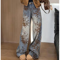 Calça Jeans Feminina de Perna Larga com Jacquard Flocado - Novo Estilo Inverno 2025, Cintura Alta, Efeito Emagrecedor, Perna Reta