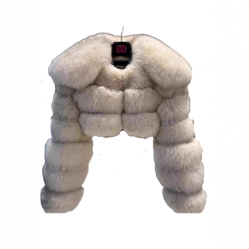 Casaco Curto Feminino de Pele Sintética de Raposa, Gola Dobrável, Jaqueta Grossa Estilo Y2K Streetwear, Casaco de Trabalho para Outono Inverno 2025