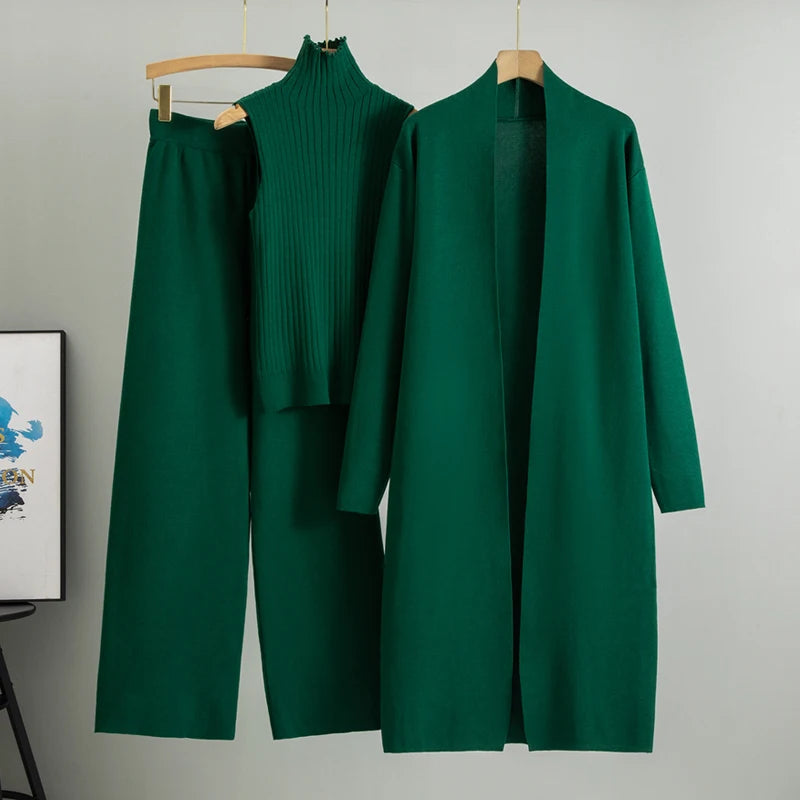 Conjunto Feminino Elegante de Tricô 3 Peças para Inverno e Outono 2026: Cardigã, Suéter e Calça Pantalona