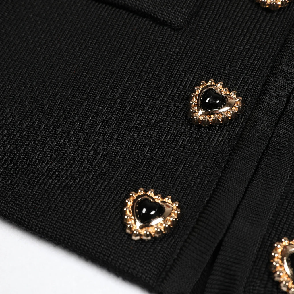 Alta qualidade nova moda elástica de malha em torno do pescoço em forma de coração botão cardigan fino ajuste meia saia conjunto feminino