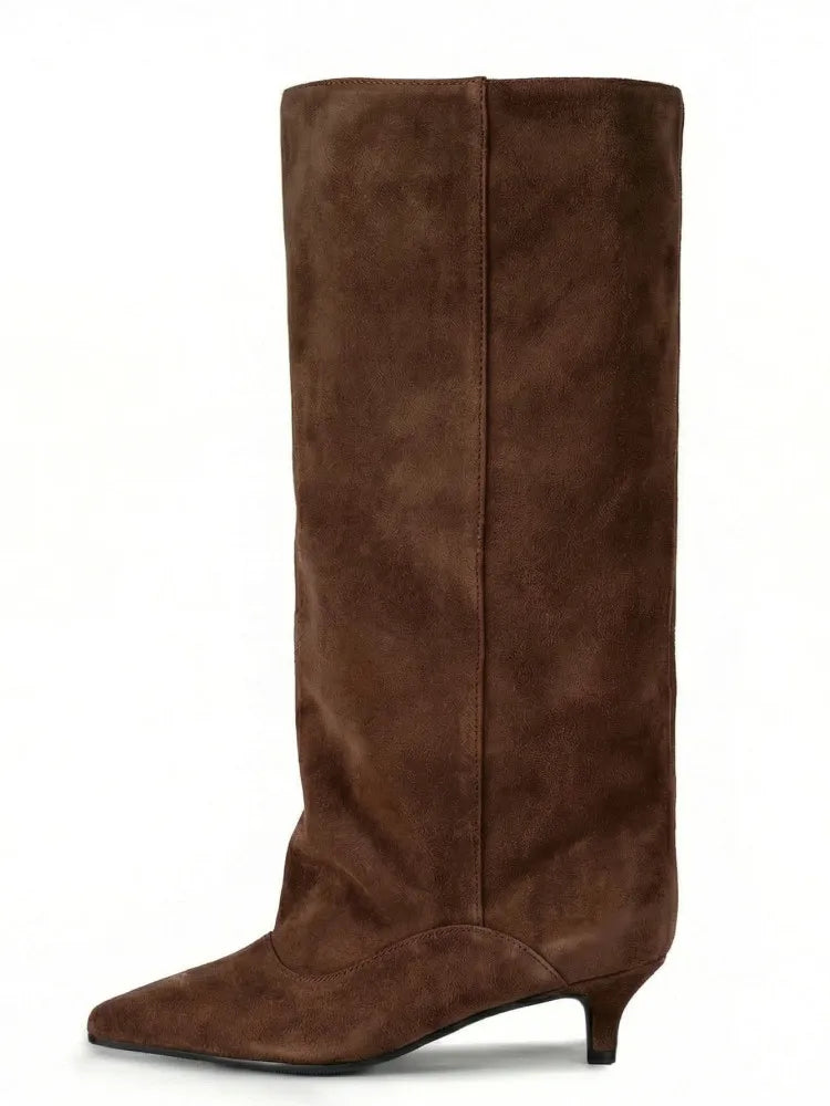 Botas Femininas de Cano Médio com Salto Baixo Pontudo 2026, Botas de Cano Alto da Moda com Salto Fino, Tamanhos Grandes 35-45