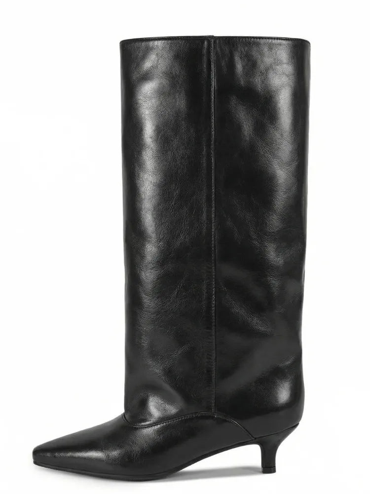 Botas Femininas de Cano Médio com Salto Baixo Pontudo 2026, Botas de Cano Alto da Moda com Salto Fino, Tamanhos Grandes 35-45