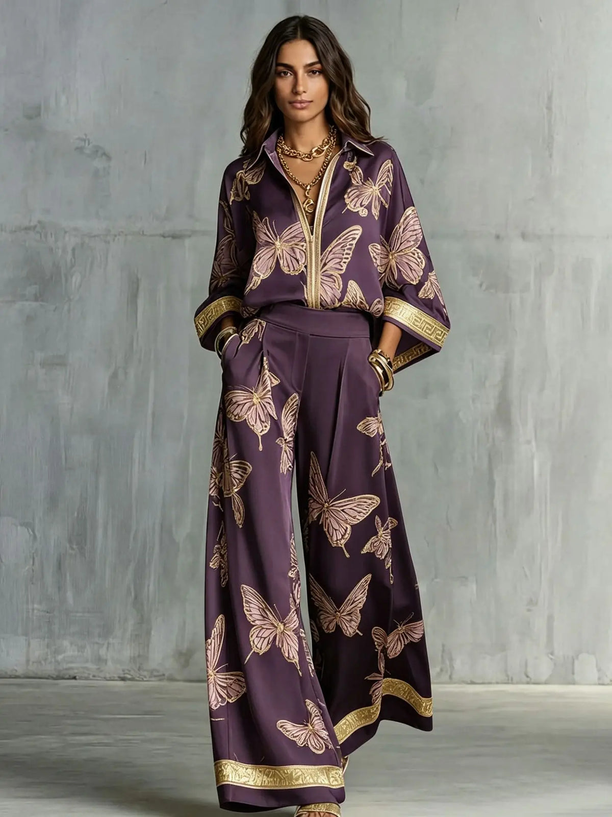 Conjunto Feminino de Camisa Estampada Oversized e Calça, Blusa de Manga Longa com Lapela, Calça de Cintura Alta Elástica e Perna Larga, Conjunto de Duas Peças Feminino