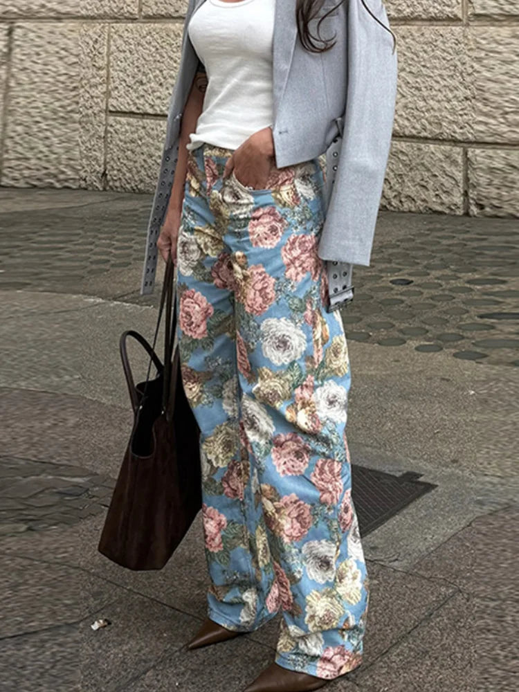 Calça Jeans Feminina Vintage 2026 com Estampa Floral, Cintura Alta, Perna Larga Solta, Reta, Estilo Retrô com Efeito de Pintura a Óleo, Casual Streetwear