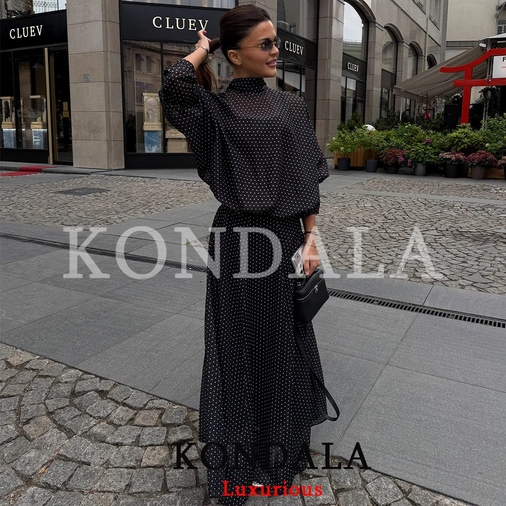 Conjuntos Femininos KONDALA Vintage com Poás, Blusas Soltas de Chiffon com Laço e Saias Longas Soltas, Moda Primavera Verão 2026, Trajes para Férias