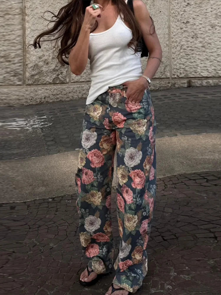 Calça Jeans Feminina Vintage 2026 com Estampa Floral, Cintura Alta, Perna Larga Solta, Reta, Estilo Retrô com Efeito de Pintura a Óleo, Casual Streetwear