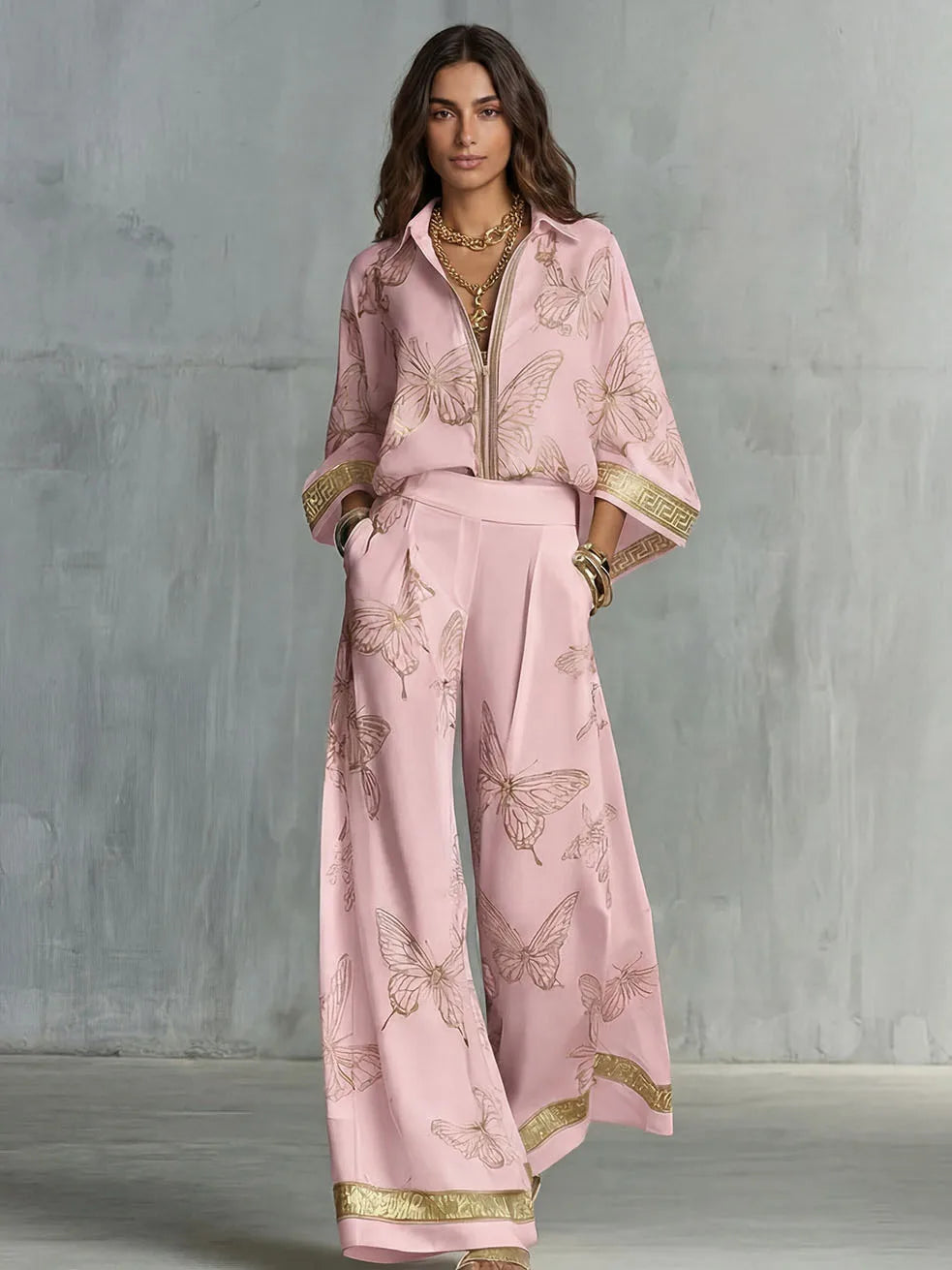 Conjunto Feminino de Camisa Estampada Oversized e Calça, Blusa de Manga Longa com Lapela, Calça de Cintura Alta Elástica e Perna Larga, Conjunto de Duas Peças Feminino