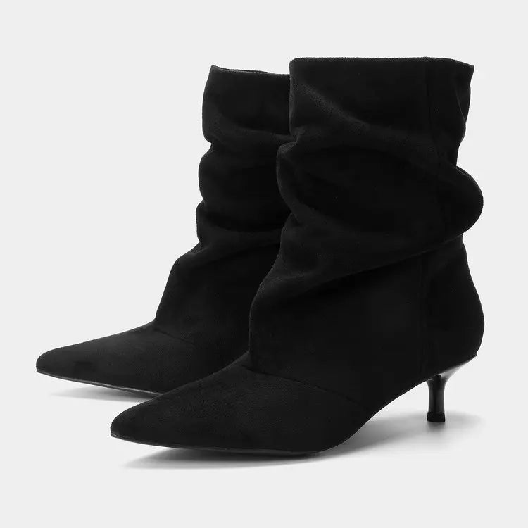 Botas Femininas Novas de Inverno, Botas de Cano Curto Plissadas, Sapatos de Festa Retro Marrons, Elegantes Sapatos de Salto Alto com Bico Fino em Camurça para Mulheres
