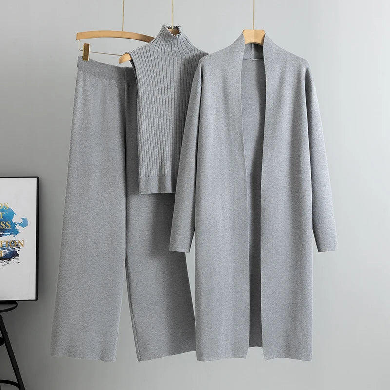 Conjunto Feminino Elegante de Tricô 3 Peças para Inverno e Outono 2026: Cardigã, Suéter e Calça Pantalona