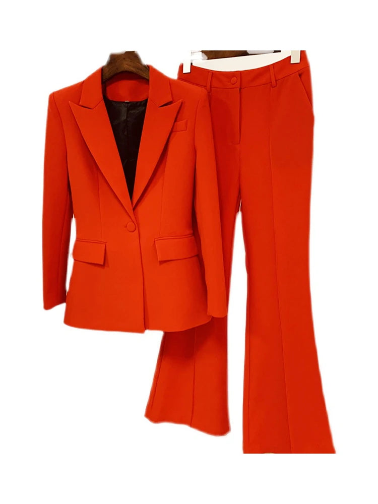 Alta qualidade nova moda 2024 designer blazer terno conjunto feminino único botão vermelho blazer calças flare terno