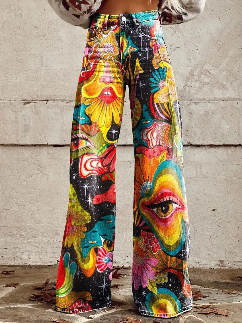 Calça jeans feminina estampada 3D, calça larga de poliéster com aparência vintage desgastada, cintura alta, ajuste confortável para moda urbana