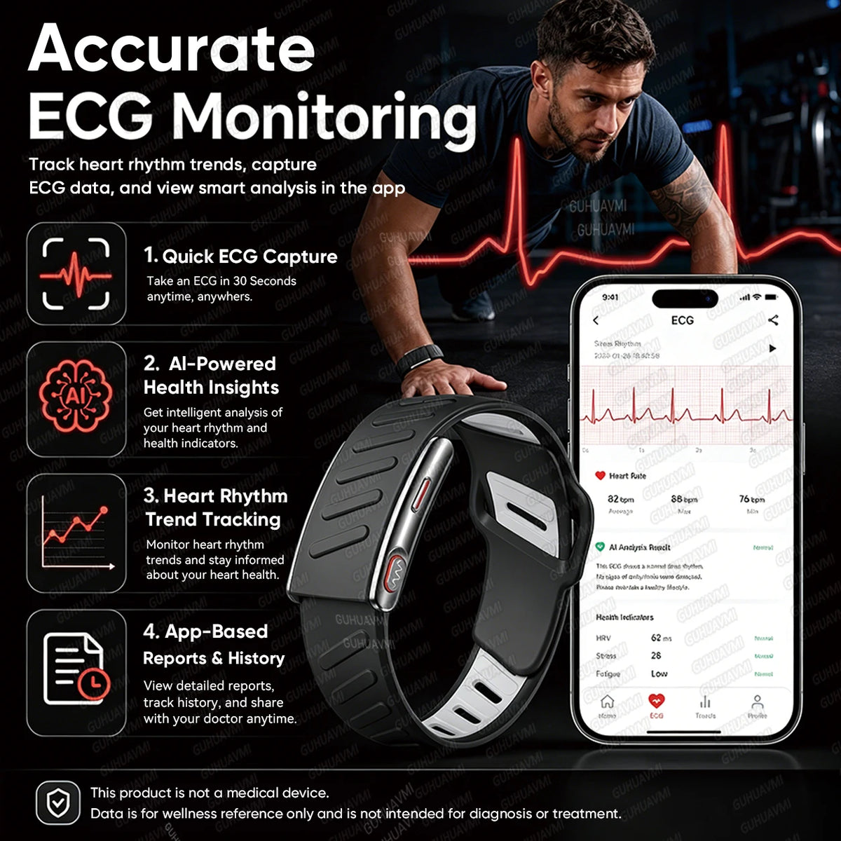 Novas Pulseiras Inteligentes de Saúde 2026 Sem Tela com ECG+PPG, Monitoramento 24/7 de Frequência Cardíaca, SpO2, Pressão Arterial, Gordura Corporal, Rastreador de Fitness 3ATM, Smart Band