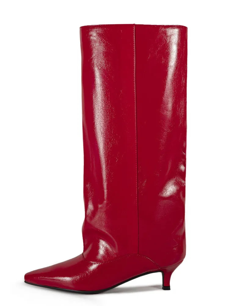 Botas Femininas de Cano Médio com Salto Baixo Pontudo 2026, Botas de Cano Alto da Moda com Salto Fino, Tamanhos Grandes 35-45