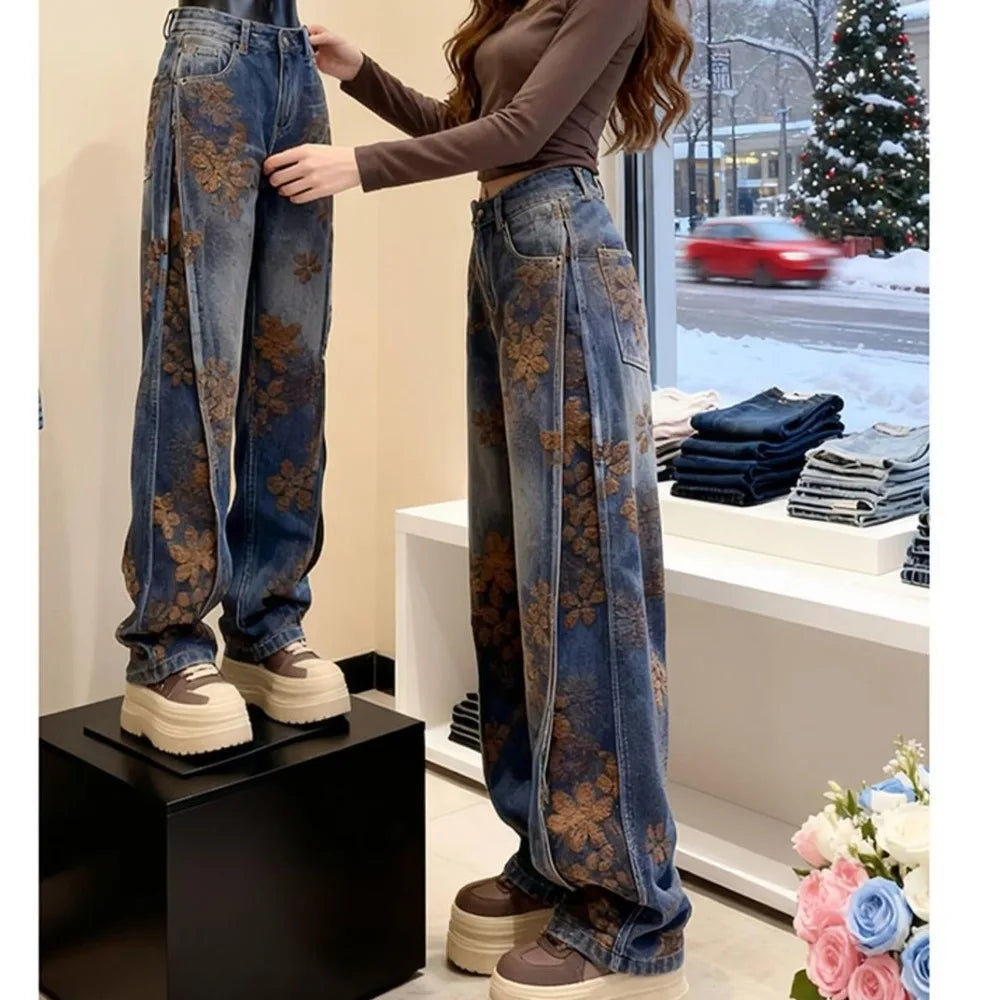 Calças casuais retrô estilo americano, com design solto e estilo boyfriend, um visual descontraído e um corte que favorece a silhueta.