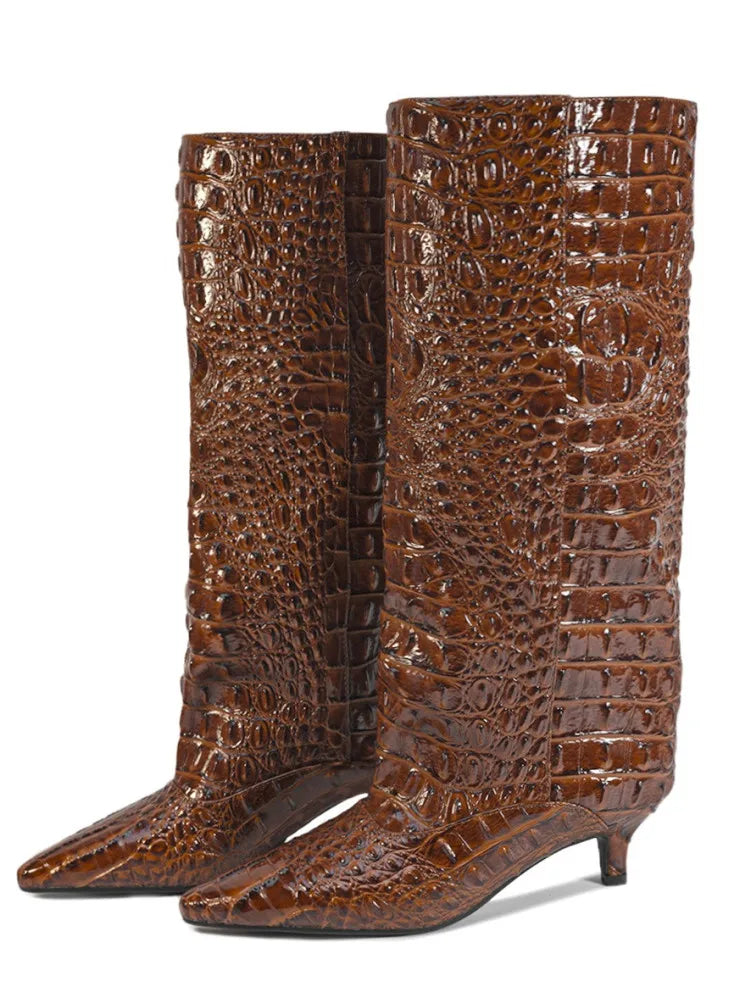 Botas Femininas de Cano Médio com Salto Baixo Pontudo 2026, Botas de Cano Alto da Moda com Salto Fino, Tamanhos Grandes 35-45