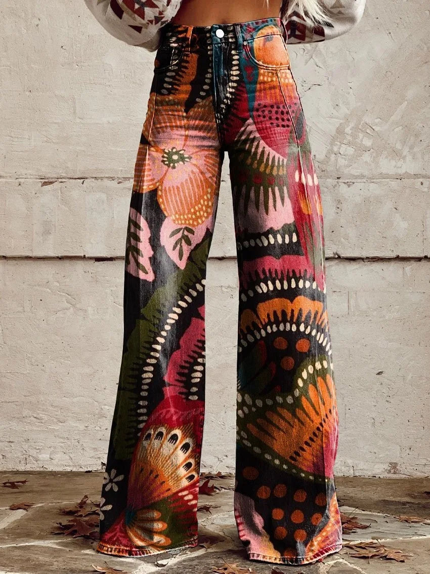 Calça jeans feminina estampada 3D, calça larga de poliéster com aparência vintage desgastada, cintura alta, ajuste confortável para moda urbana