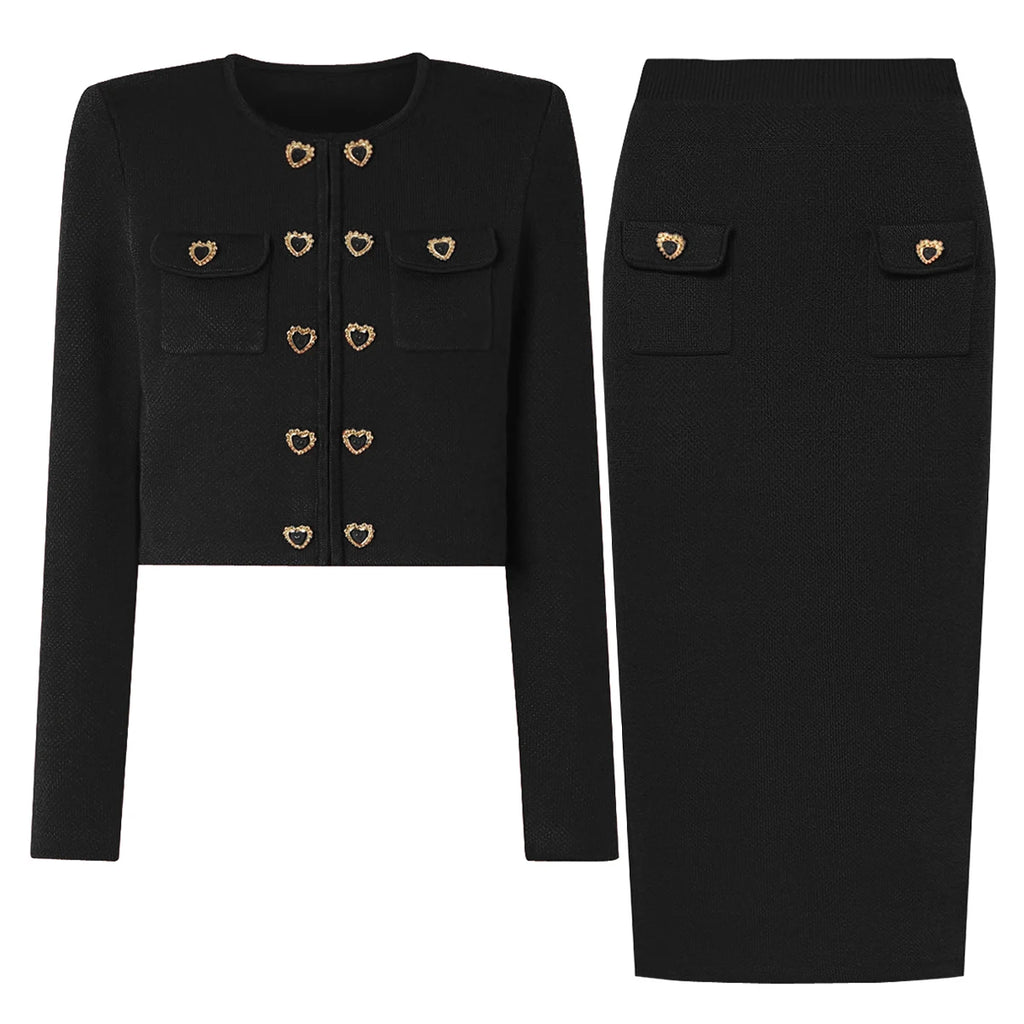 Alta qualidade nova moda elástica de malha em torno do pescoço em forma de coração botão cardigan fino ajuste meia saia conjunto feminino