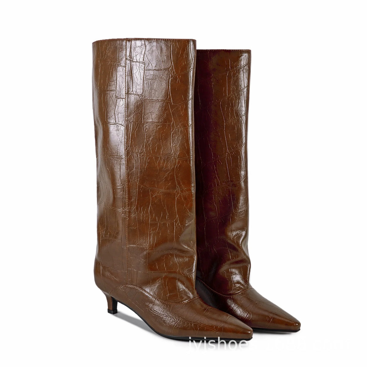 Botas Femininas de Cano Médio com Salto Baixo Pontudo 2026, Botas de Cano Alto da Moda com Salto Fino, Tamanhos Grandes 35-45