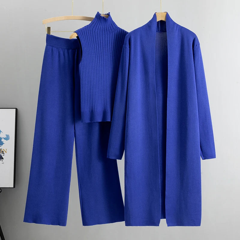Conjunto Feminino Elegante de Tricô 3 Peças para Inverno e Outono 2026: Cardigã, Suéter e Calça Pantalona