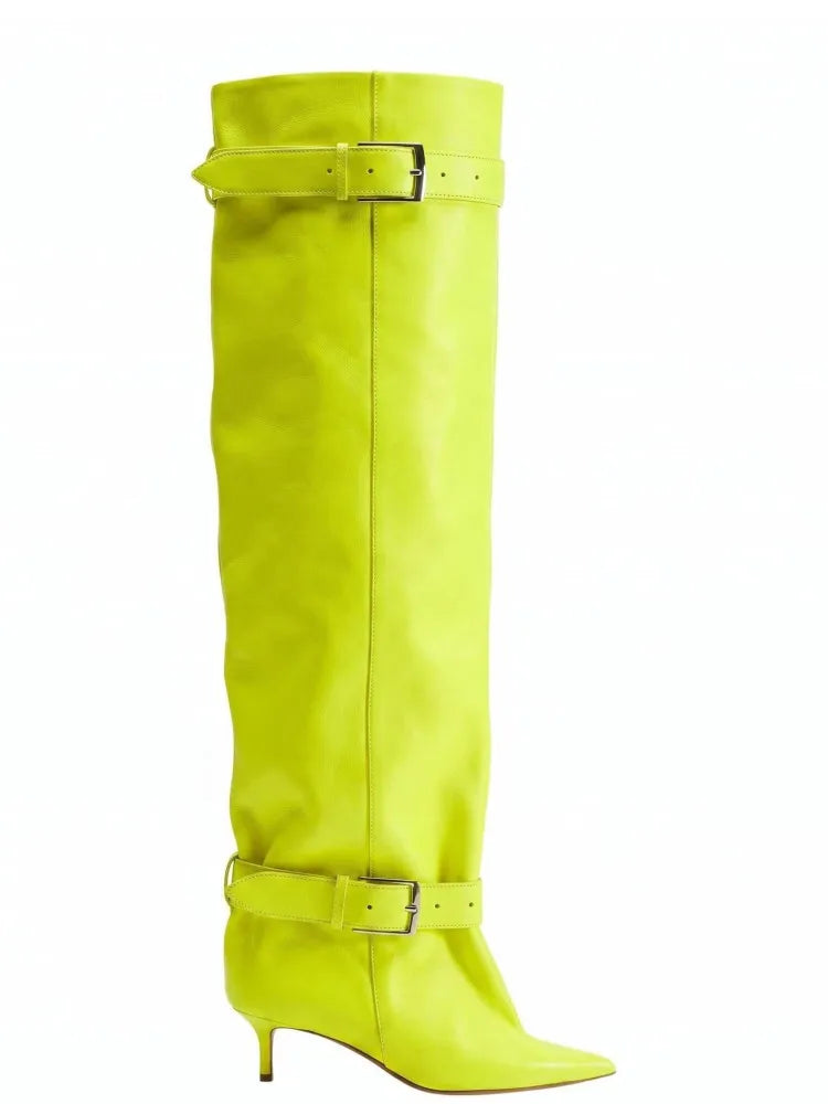 Novas Botas Femininas Acima do Joelho com Salto Fino Pontiagudo, Fivela de Cinto e Cano Largo para Desfile de Moda, Tamanhos 35-46, Botas Femininas Acima da Coxa