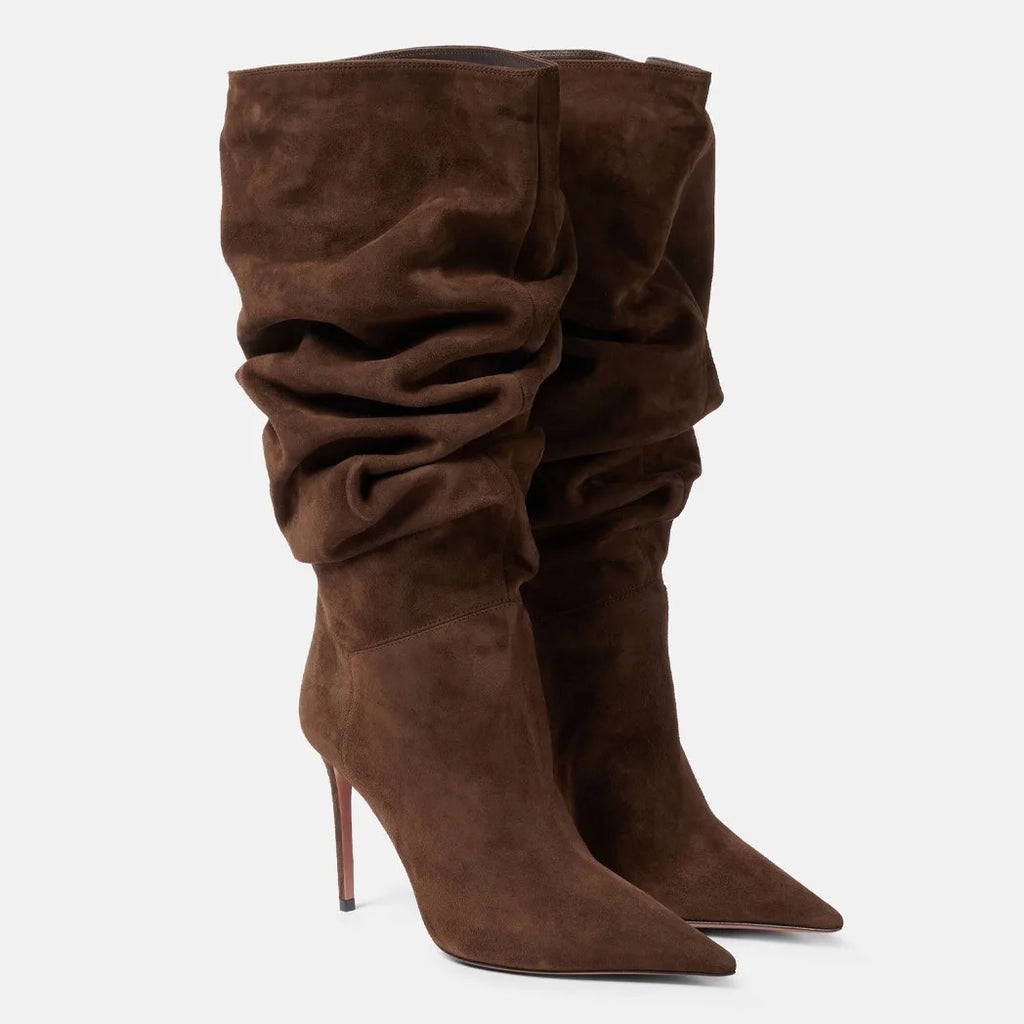 Botas Curtas Plissadas de Salto Alto com Bico Fino para Mulheres, Coleção Outono/Inverno 2026, Tamanhos Grandes 35-47