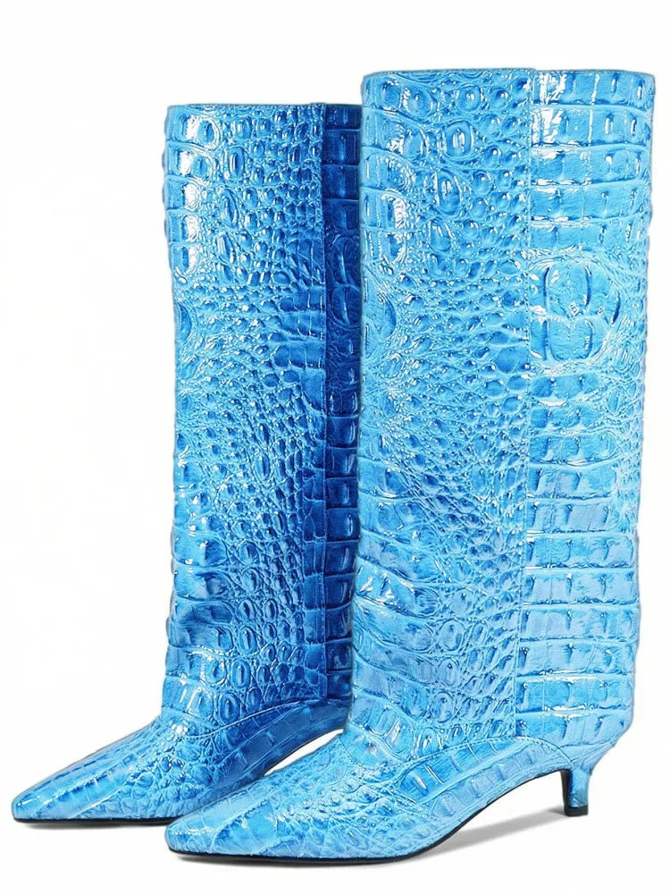 Botas Femininas de Cano Médio com Salto Baixo Pontudo 2026, Botas de Cano Alto da Moda com Salto Fino, Tamanhos Grandes 35-45
