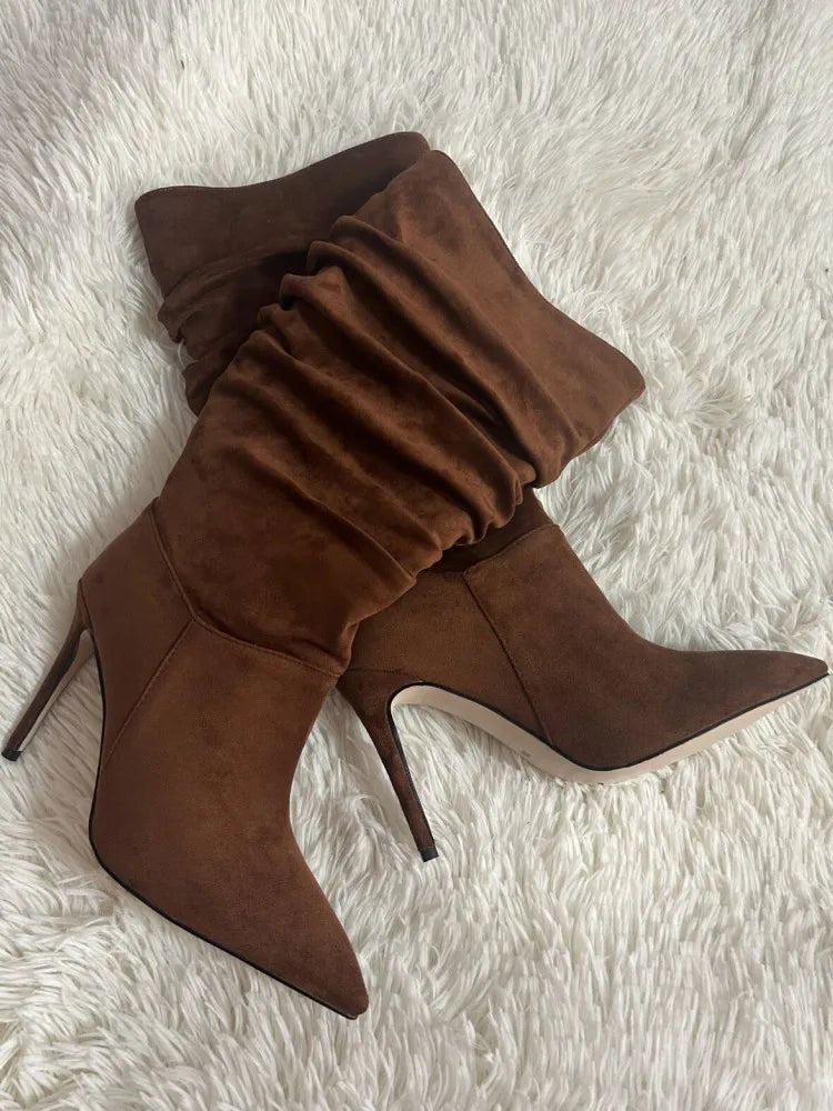 Botas Curtas Plissadas de Salto Alto com Bico Fino para Mulheres, Coleção Outono/Inverno 2026, Tamanhos Grandes 35-47