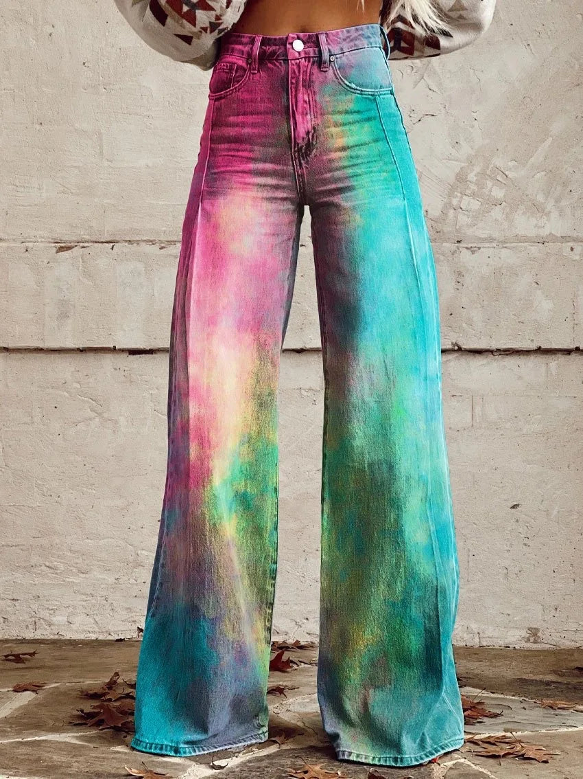 Calça jeans feminina estampada 3D, calça larga de poliéster com aparência vintage desgastada, cintura alta, ajuste confortável para moda urbana